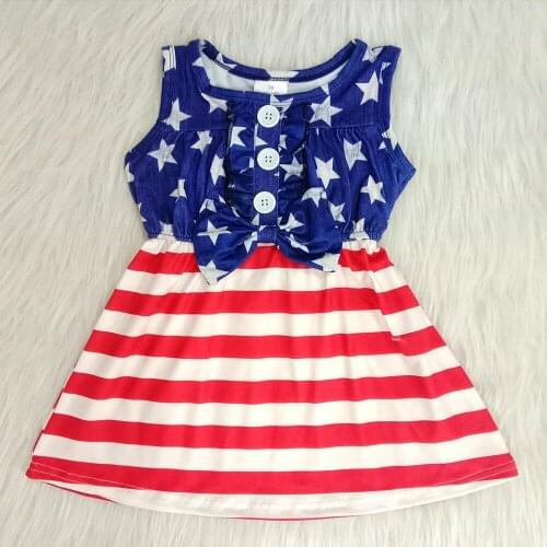 Cute girl sleeveless dresses happy july 4th little girls frocks boutique kids star pattern stitching dress with bow