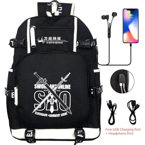 Anime Sword Art Online USB Backpack Cosplay Printing Shoulder Travel Laptop Bags Kids Teens Student Schoolbags Bookbag