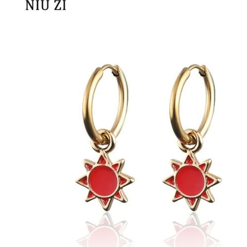 Women Vintage Fashion Sun Flower Dangle Earrings Gold Color Metal Hoop Ear Buckle Multi-color Bohemian Drop Earring Female Gifts