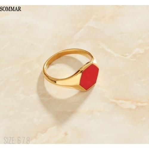 SOMMAR Best Gift 18KGP Gold Filled size 6 7 8 Lady Knuckle Rings Red enamel hexagon Jewelry on the neck bone
