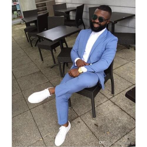 2020 New Classy Sky Blue Wedding Tuxedos Mens Suits Slim Fit Peaked Lapel Prom Best Man Tailor Made Groomsmen ( Jacket+Pants