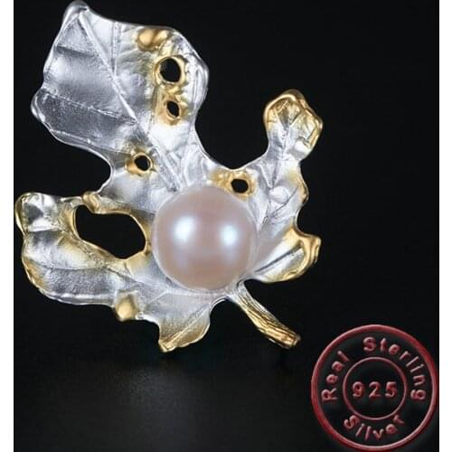 Amxiu Handmade Freshwater Pearl Brooch Jewelry Pins Two Tones 925 Silver Leave Brooches For Women Girls Clothes Hat Accessories