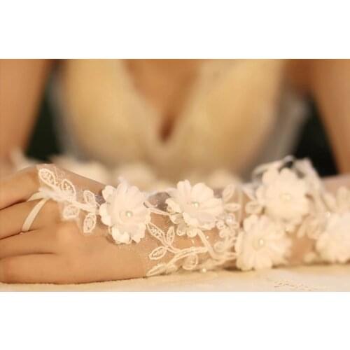 Women White Long Fingerless Hollow Wedding Gloves Embroidery Artificial Flower Imitation Pearl Jewelry Bridal Costume