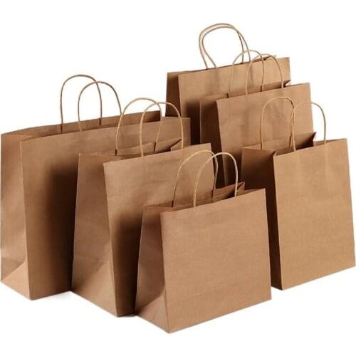 10pc Kraft Paper Bag with Handles Solid Color Gift Packing Bags for Store Clothes Wedding Christmas Party Food Milk Tea Supplies