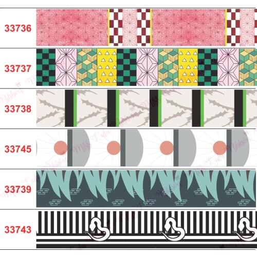 16mm-75mm Japanese Cartoon Ghost Series 10 Snake Sun Plaid/Stripe Printed Grosgrain/Elastic Ribbon DIY Hair Accessories 50 Yards