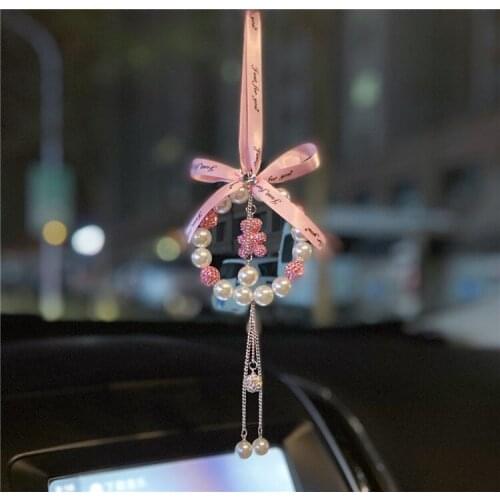 2021 Auto Decoration Plastic Pearl Keychain With Crystal Bear Car Rearview Mirror Hanging Ornament For Car Accessories Interior