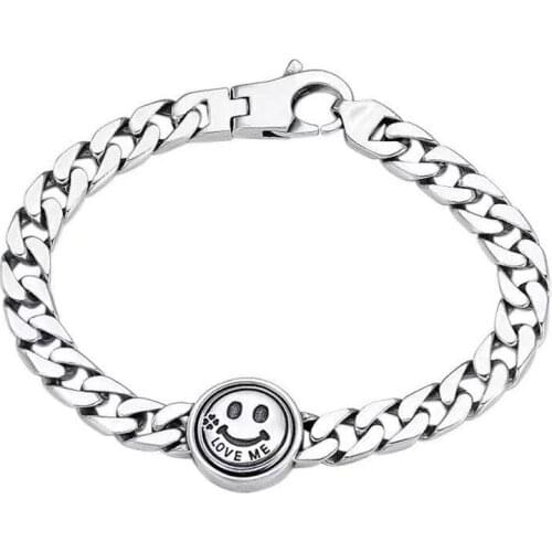100% S925 Silver Cuban Chain Couple Bracelet Simple personality rotatable smiley face bracele