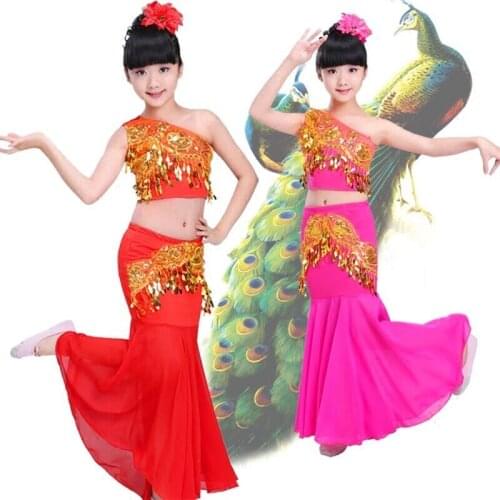 Childrens Dai dance costumes Peacock dance performance costumes Girls' fishtail skirt belly dance skirt performance clothes