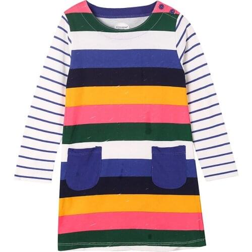 Colorful Kid Outfit Clothes Cotton Stiped Pocket Outdoor T Shirt for Girl Size 2 3 4 5 6 7 Years Old Autume 2021