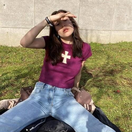 Purple Y2K Crop Tops punk style E Girl Tshirt Cross Pattern Graphic T Shirt streetwear Women O Neck Slim Basic Baby Tee Summer