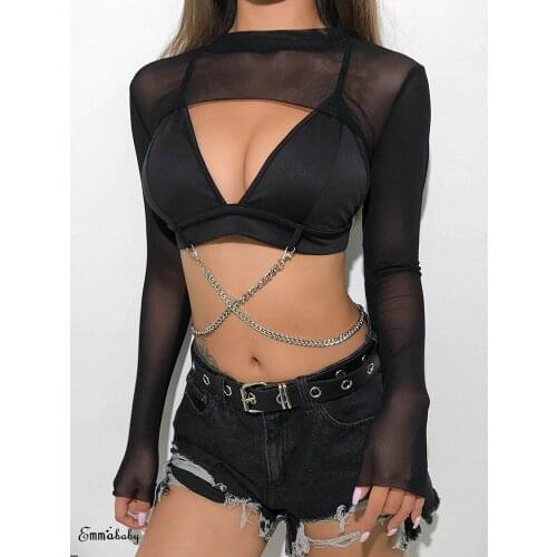 Fashion Tee Shirt Sheer Black Short Shirt Women Sexy Long Sleeve See Through Mesh Fishnet Crop Top
