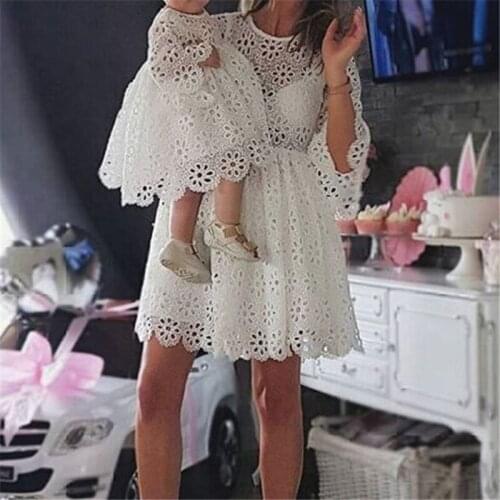 Mom Baby Girl Party Clothes Family Matching Clothes Mother Daughter Dresses Fashion Women Floral Lace Dress Baby Girl Mini Dress