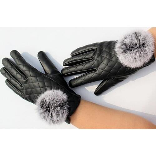 Autumn and winter gloves rabbit hair ball touch screen driving and bicycle leisure autumn and winter warm Pu washed leather