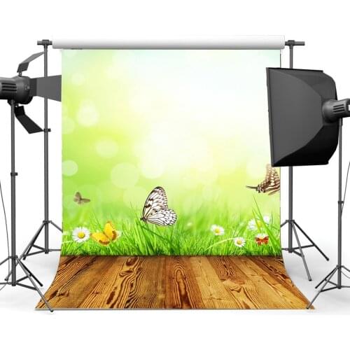 Nature Spring Backdrop Butterfly Blooming Fresh White Flowers Green Grass Meadow Bokeh Sequins Vintage Wood Floor