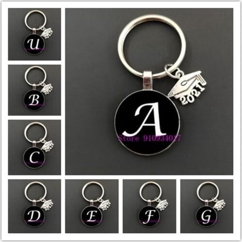 Simple Design 26 English Letters Keychain Minimalism Black A - Z Alphabet Printed Glass Gem Key Chain Ring Birthday Gift2021