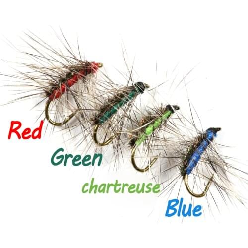 Bimoo 10PCS #12 Crackleback Gnat Fly Trout Fishing Dry Flies Peacock Herl Back Red Green Chartreuse Blue Color