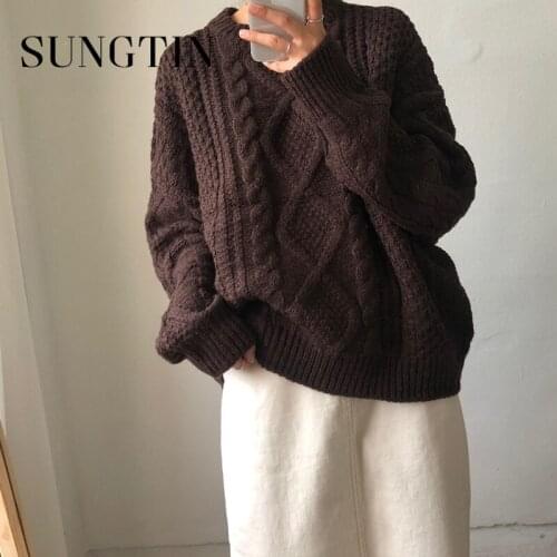 Sungtin Vintage Twist Knitted Pullovers Women Loose Solid Cozy Casual Sweater Female Warm O Neck Korean Jumpers Chic 3 Colors