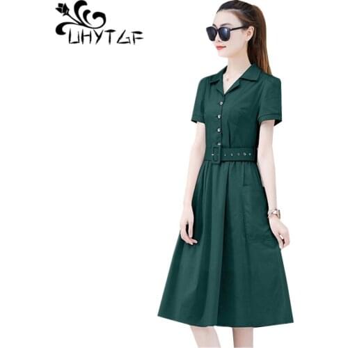 UHYTGF Summer dresses womens temperament Large swing Beach dress Single-breasted bandage dress elegant plus size dresses 171