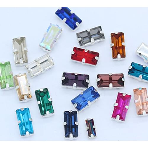 All size& Color rectangle stone sew on faceted crystal glass rhinestone Silver plated 4Hole setting jewellery Dress making beads