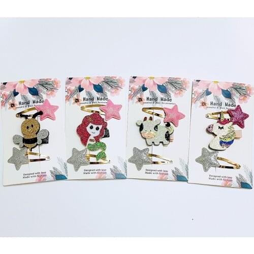 Boutique ins 6sets Fashion Cute Glitter Bee Cow Animal Hairpins Star Snap Clips Barrettes Princess Headwear Hair Accessories
