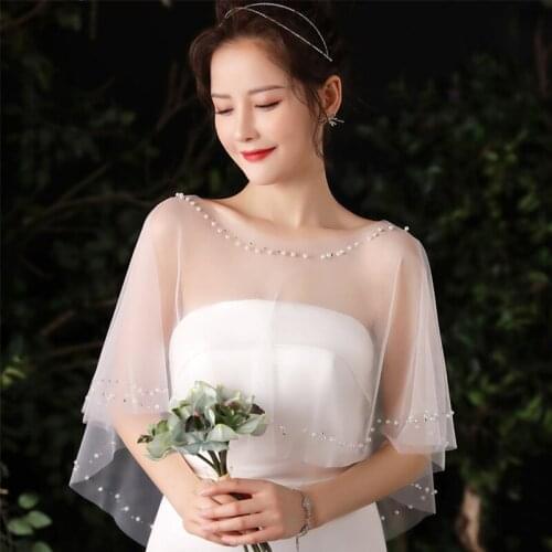 Wedding Accessories Bolero Femme Bridal Cloak Pearls Beaded Wedding Cape Dress Bride Robe Women Wrap Cape Evening Wrap Shawl