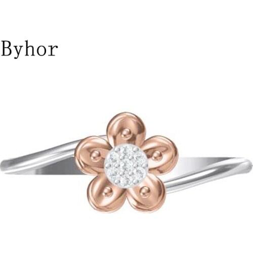 Byhor Solid 14K White+Rose Gold 0.031ct H/SI Natural Diamonds ring Women Fine Jewelry Trendy Wedding Band Flower кольцa кольцo