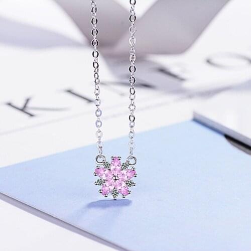 Hot Fashion Pink Zircon Cherry Blossoms Flower Pendant Necklace For Women Girl 925 Sterling Silver Clavicular Chain Jewelry