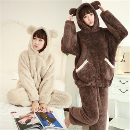 Two Piece Winter Women Pyjamas Thicken Flannel Pajama Sets Lovely Bear Hoodie Cute Pijama Long Nightgown Sleepwear