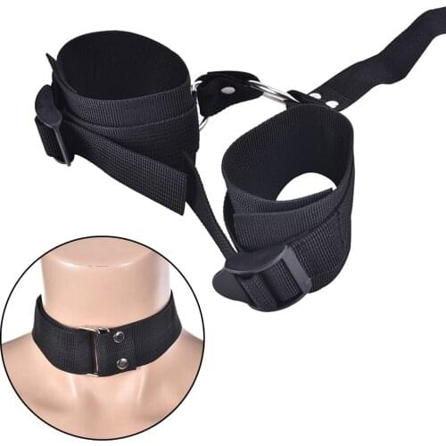1Set Black Neck Collar To Hand Restraint Bondage Hand Cuffs Toys Resistance Bands For Couple