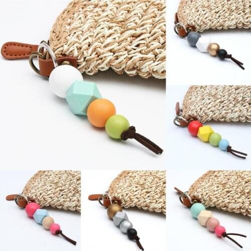 1pc Colorful Wood Beads Geometry Wooden Ball Keychains For Women Handbag Hanging Keyring Summer Handmade Jewelry