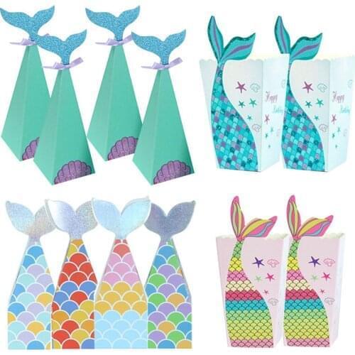 10Pcs Little Mermaid Tail Paper Candy Box Gift Bags Popcorn Boxes Mermaid Birthday Party Decoration Girls Baby Shower Supplies