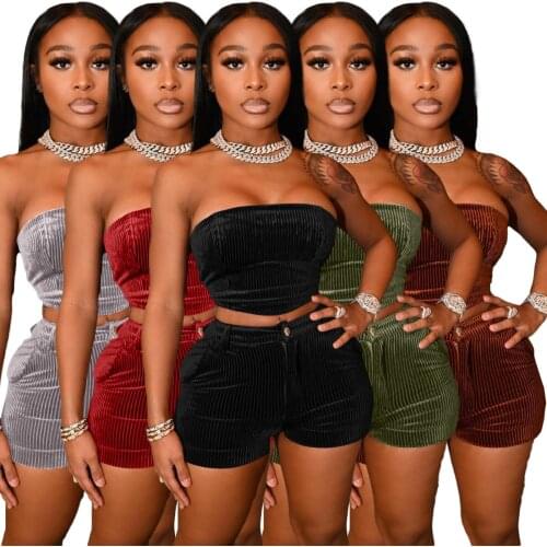 Adogirl Solid Velvet Ribbed 2 Piece Set Woman Slash Neck Tube Crop Top And Biker Shorts With Pocket Casaul Plus Size Tracksuit