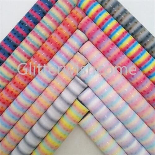 Glitterwishcome 21X29CM A4 Size Rainbow Stripes Faux Fabric, Synthetic Leather Faux Leather Sheets Vinyl for Bows, GM561A