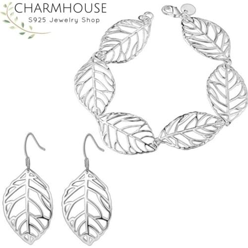 Charmhouse Silver 925 Jewelry Sets For Women Exquisite Leaf Chain Bracelet Bangles Earrings 2pcs Jewelry Set Accessories Gifts