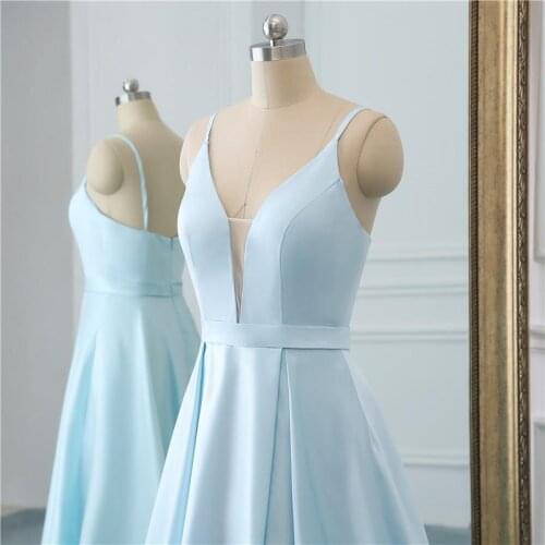2021 Deep V-neck A-line Long Sky Blue Evening Dress Satin Prom Gowns Sexy