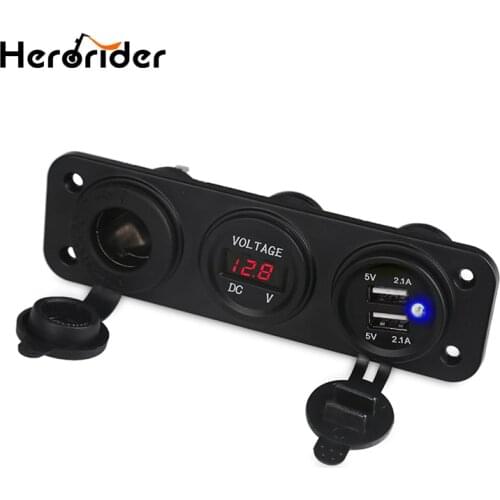 Herorider Car Charger Motorcycle Plug Dual USB Adapter Splitter Cigarette Lighter Digital Voltmeter 3 Hole Panel Power Socket