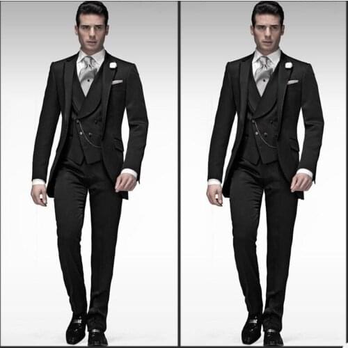 Spring Summer Men Tuxedos Black Slim Fit Peaked Lapel Groom Mens Pants Suits Business Prom Dinner Blazer Suit 3 pieces