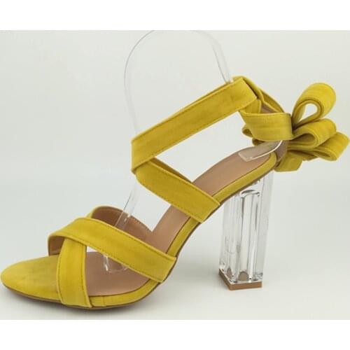 Summer Yellow Suede Sandals Woman Lucency Chunky Heel Crossed tie Leg Bandge Open toe Crystal Heel Street Sandal Bottines Shoes
