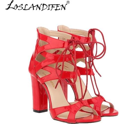LOSLANDIFEN New Fashion Women Shoes Pumps Square High Heels Summer Open Toe Lace Up Bridal Patent Leather 368A-PA