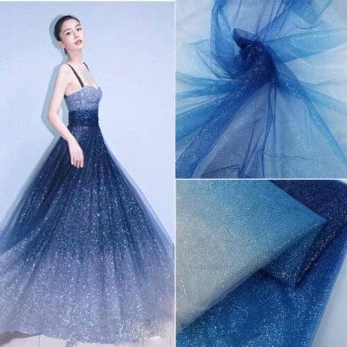 Fashion blinking starry fabric blue ombre stiff net glitter fabric evening wedding party dress making