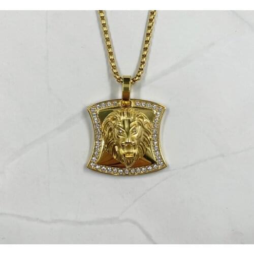Fashionable gold color Hip hop Enamal Lion Head Pendant Necklace with rhinestone Pendant Long Geometric Metal Animal Necklace