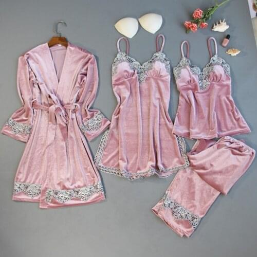 2020 New Velvet 4 Pieces Warm Winter Pajamas Sets Women Sexy Lace Robe Pajamas Sleepwear Kit Sleeveless Nightwear Homewear