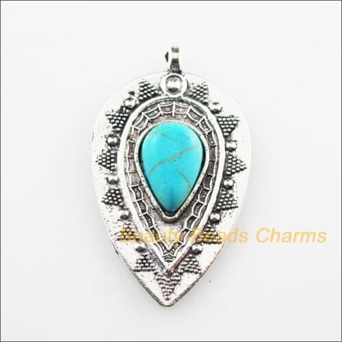 New 6Pcs Retro Tibetan Silver Color Teardrop Stone Charms Pendants 20.5x35mm