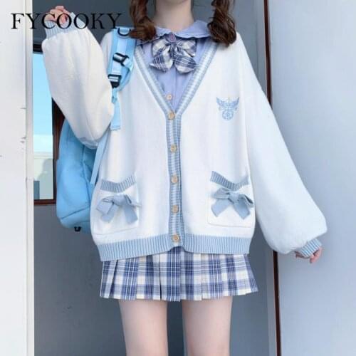 Autumn Sweet Bow Cardigans Women Korean Loose Colorblock Sweater Jacket Kawaii Print Knitted Cardigan 2021 New