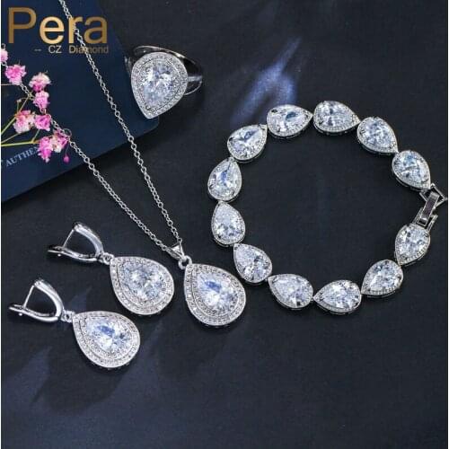 Pera Perfect Women Daily Party 4 Pcs Jewelry Set Long Water Drop Shape Cubic Zirconia Pendant Earrings Rings And Bracelet J239