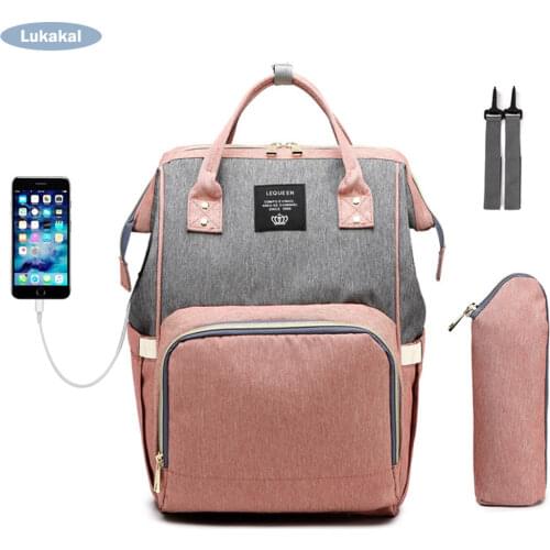Lequeen USB interface Baby Diaper Bag Large Capacity Mummy Bag BackPack Stroller Hook Bottle Bag Included Mummy Maternity Bag