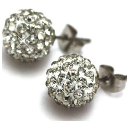 Hg45e 8mm Best white Crystal Micro Pave Disco Ball Silver Plated crystal Earrings Stud wholesale crystal
