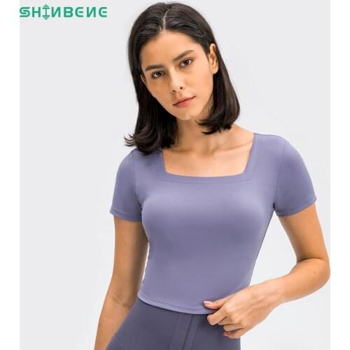 SHINBENE 2in1 U-Neckline Workout Gym Sport Crop Top Women Second Skin Exercise Cropped Short Sleeved Shirts with Removable Pads