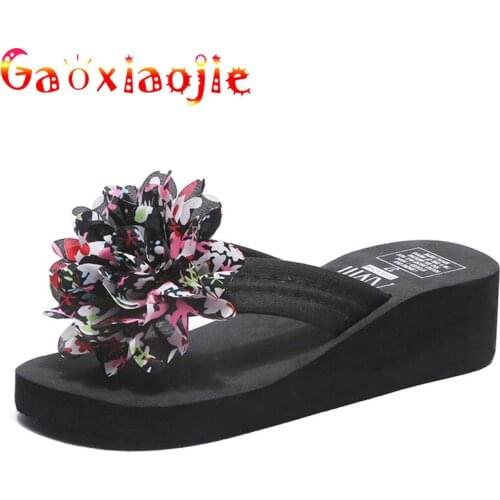 Gaoxiaojie Women Slippers 2021 Summer Big Flowers Thick Bottom Flip Flops Fashion Cloth Non-Slip Beach Shoes Women Wedge Sandals