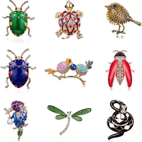 Branch Two Bird Leaf Pearl Ladybug Beetle Dragonfly Turtle Rhinestone Painting Oil Insect Animal Brooch Golden Leg Women Jewelry